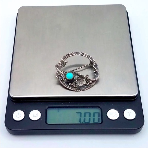 Antique 925 Silver Vintage Glass Cabochon Art Nouveau Brooch - Picture 2 of 3